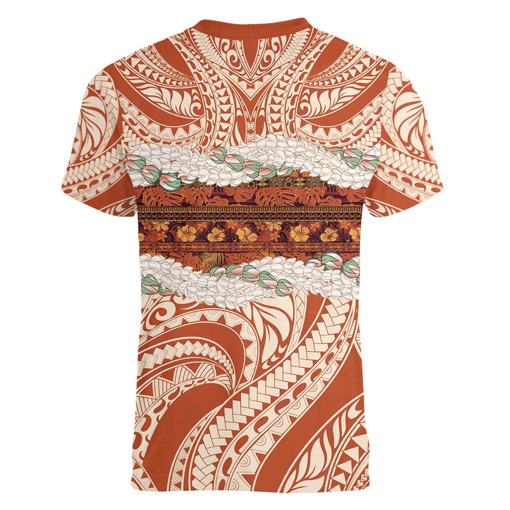 Aloha Hawaii Mikioi Lei Women V-Neck T-Shirt Beige Tropical Flower Pattern - Polynesian Pride