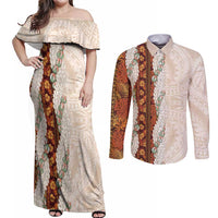 Aloha Hawaii Mikioi Lei Couples Matching Off Shoulder Maxi Dress and Long Sleeve Button Shirt Cattail Red Tropical Flower Pattern - Polynesian Pride