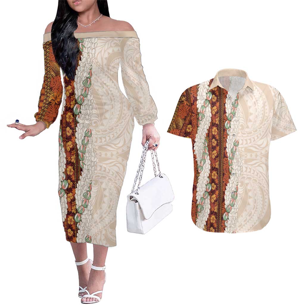 Aloha Hawaii Mikioi Lei Couples Matching Off The Shoulder Long Sleeve Dress and Hawaiian Shirt Cattail Red Tropical Flower Pattern - Polynesian Pride