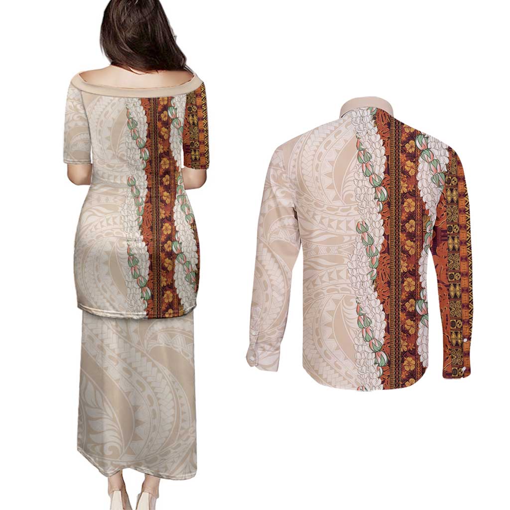 Aloha Hawaii Mikioi Lei Couples Matching Puletasi and Long Sleeve Button Shirt Cattail Red Tropical Flower Pattern - Polynesian Pride