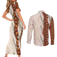 Aloha Hawaii Mikioi Lei Couples Matching Short Sleeve Bodycon Dress and Long Sleeve Button Shirt Cattail Red Tropical Flower Pattern - Polynesian Pride