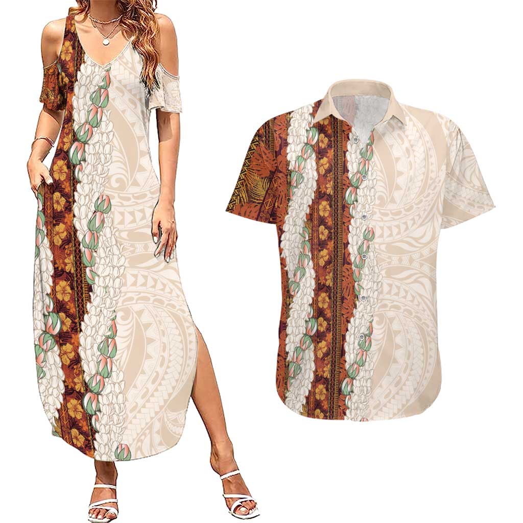 Aloha Hawaii Mikioi Lei Couples Matching Summer Maxi Dress and Hawaiian Shirt Cattail Red Tropical Flower Pattern - Polynesian Pride