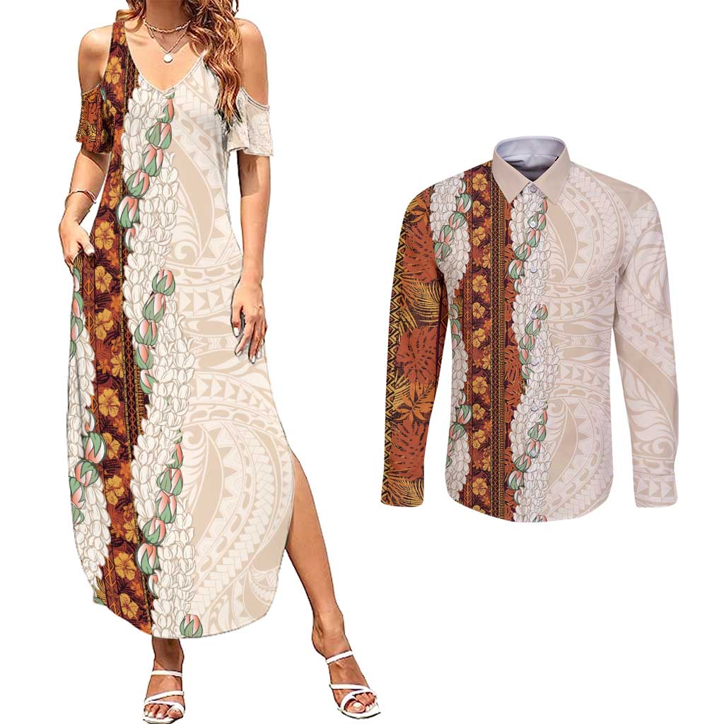 Aloha Hawaii Mikioi Lei Couples Matching Summer Maxi Dress and Long Sleeve Button Shirt Cattail Red Tropical Flower Pattern - Polynesian Pride