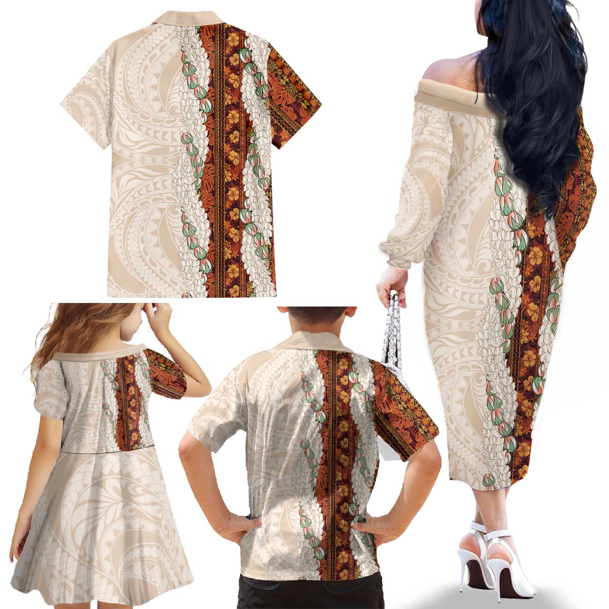 Aloha Hawaii Mikioi Lei Family Matching Off The Shoulder Long Sleeve Dress and Hawaiian Shirt Cattail Red Tropical Flower Pattern - Polynesian Pride