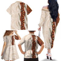 Aloha Hawaii Mikioi Lei Family Matching Off The Shoulder Long Sleeve Dress and Hawaiian Shirt Cattail Red Tropical Flower Pattern - Polynesian Pride