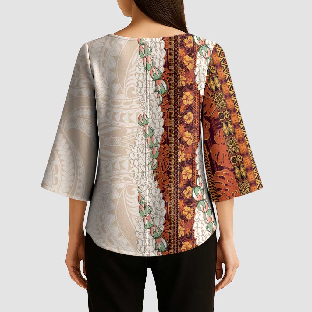 Aloha Hawaii Mikioi Lei Kimono Sleeve Blouse Cattail Red Tropical Flower Pattern - Polynesian Pride