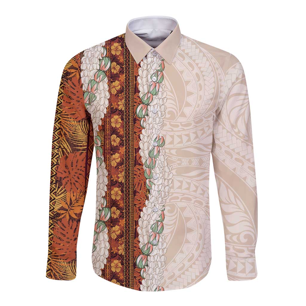 Aloha Hawaii Mikioi Lei Long Sleeve Button Shirt Cattail Red Tropical Flower Pattern - Polynesian Pride