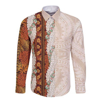 Aloha Hawaii Mikioi Lei Long Sleeve Button Shirt Cattail Red Tropical Flower Pattern - Polynesian Pride