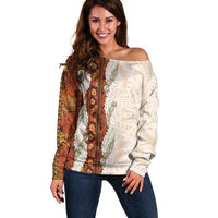 Aloha Hawaii Mikioi Lei Off Shoulder Sweater Cattail Red Tropical Flower Pattern - Polynesian Pride