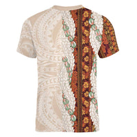 Aloha Hawaii Mikioi Lei Women V-Neck T-Shirt Cattail Red Tropical Flower Pattern - Polynesian Pride