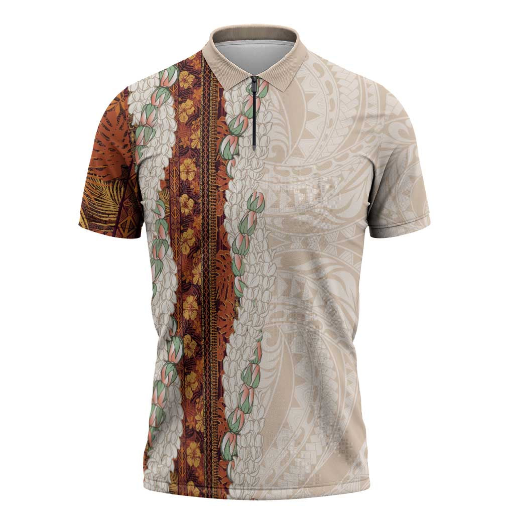 Aloha Hawaii Mikioi Lei Zipper Polo Shirt Cattail Red Tropical Flower Pattern - Polynesian Pride