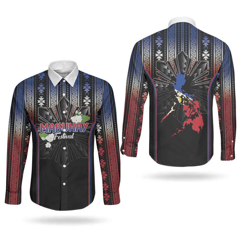 Mabuhay Philippines Festival Couples Matching Off Shoulder Maxi Dress and Long Sleeve Button Shirt Filipino Map Sampaguita Igorot Pattern LT14 - Polynesian Pride