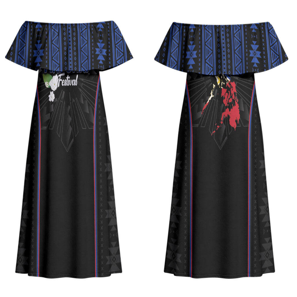 Mabuhay Philippines Festival Couples Matching Off Shoulder Maxi Dress and Long Sleeve Button Shirt Filipino Map Sampaguita Igorot Pattern LT14 - Polynesian Pride
