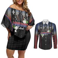 Mabuhay Philippines Festival Couples Matching Off Shoulder Short Dress and Long Sleeve Button Shirt Filipino Map Sampaguita Igorot Pattern LT14 Black - Polynesian Pride