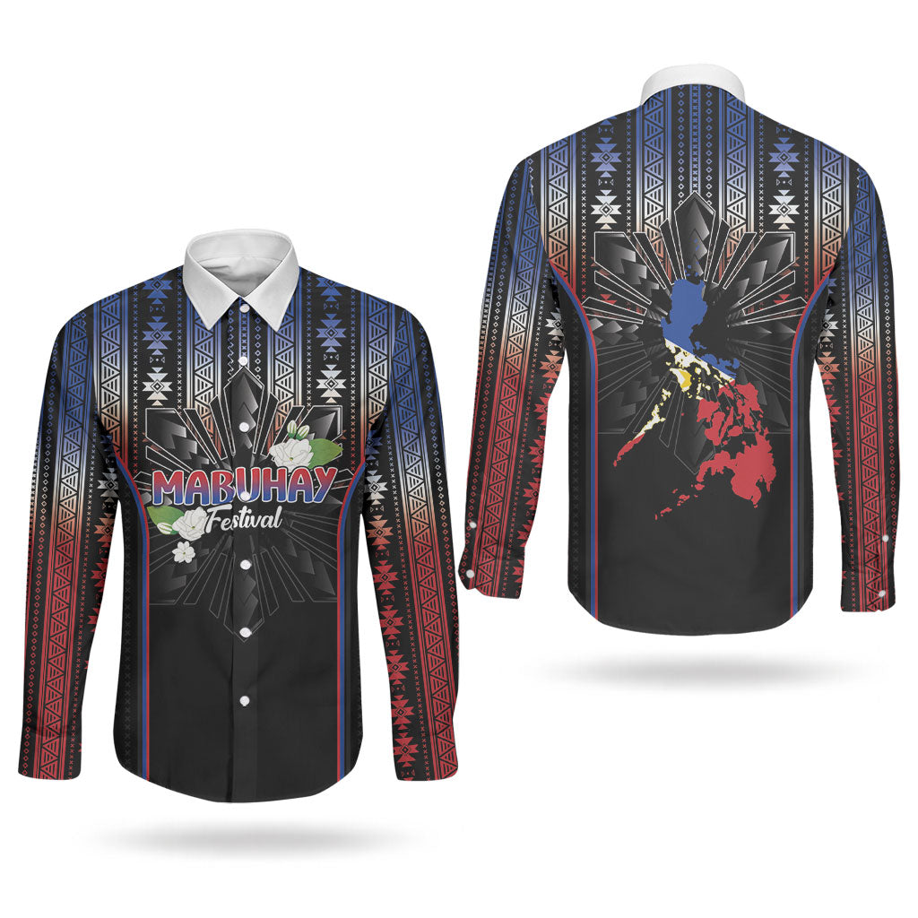 Mabuhay Philippines Festival Couples Matching Off The Shoulder Long Sleeve Dress and Long Sleeve Button Shirt Filipino Map Sampaguita Igorot Pattern LT14 - Polynesian Pride