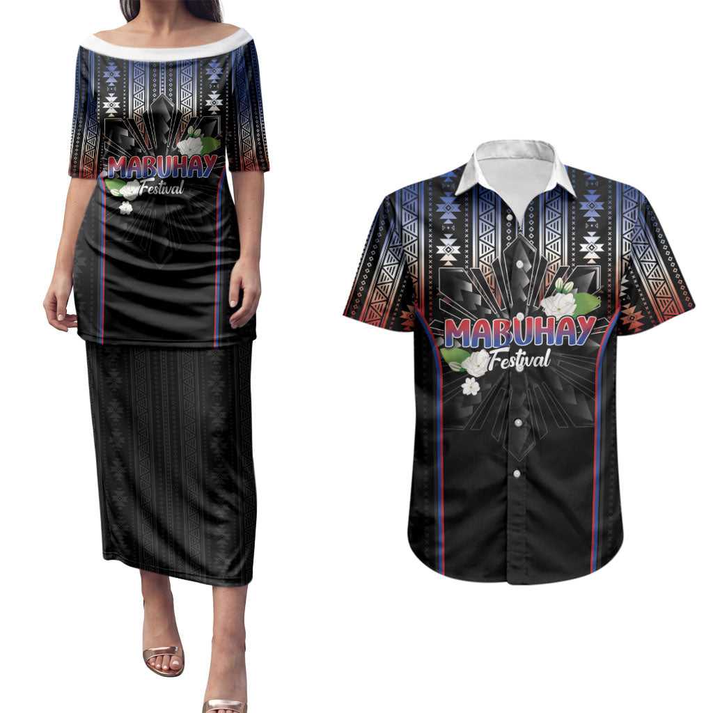 Mabuhay Philippines Festival Couples Matching Puletasi and Hawaiian Shirt Filipino Map Sampaguita Igorot Pattern LT14 Black - Polynesian Pride