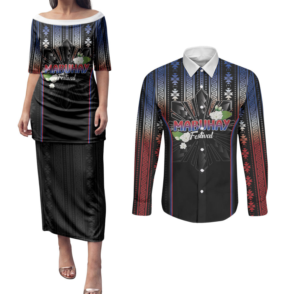 Mabuhay Philippines Festival Couples Matching Puletasi and Long Sleeve Button Shirt Filipino Map Sampaguita Igorot Pattern LT14 Black - Polynesian Pride