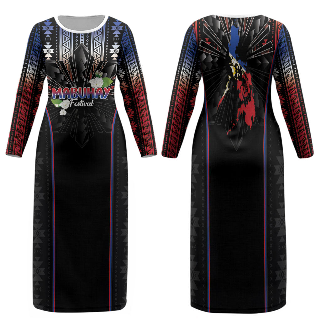 Mabuhay Philippines Festival Family Matching Long Sleeve Bodycon Dress and Hawaiian Shirt Filipino Map Sampaguita Igorot Pattern LT14 Mom's Dress Black - Polynesian Pride