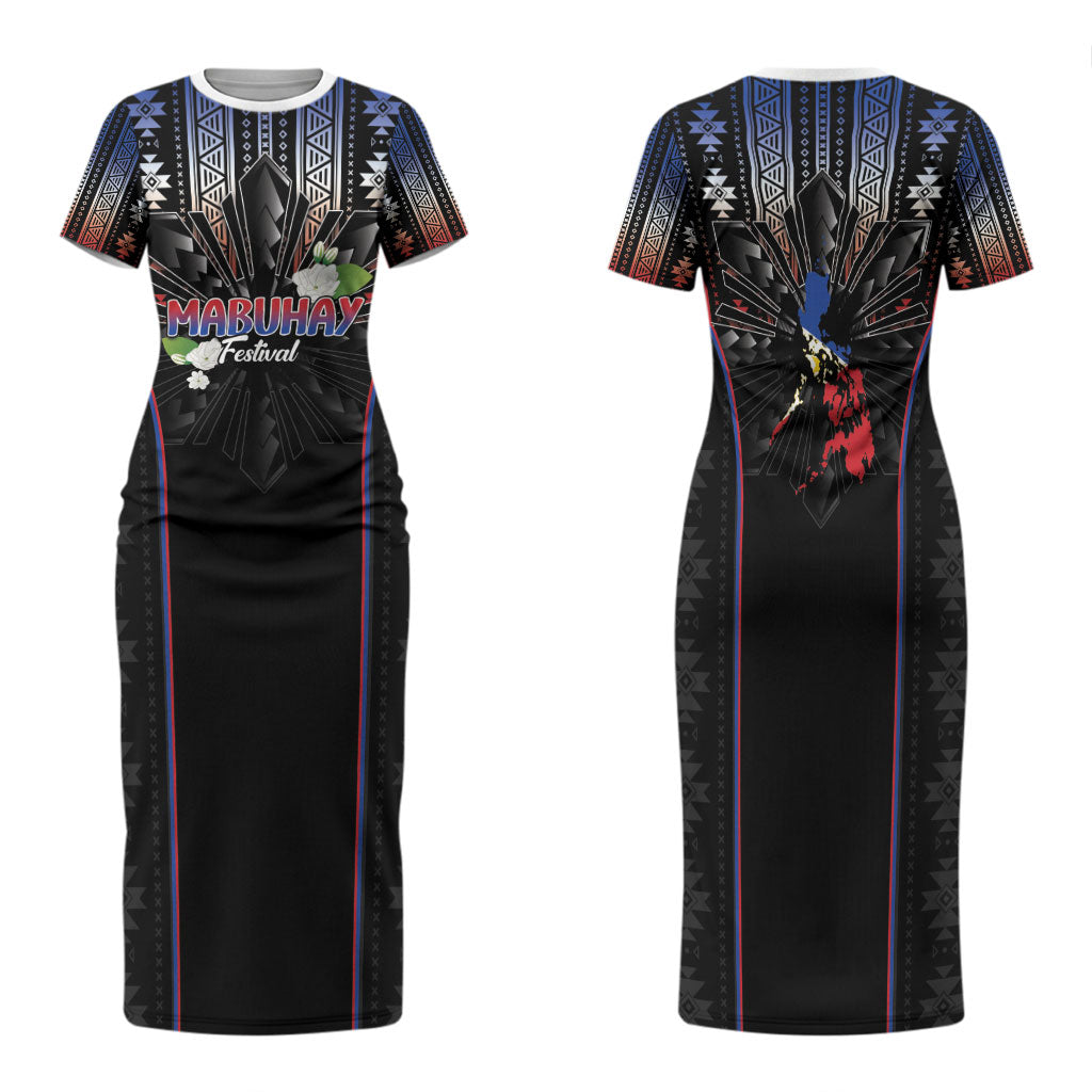 Mabuhay Philippines Festival Family Matching Short Sleeve Bodycon Dress and Hawaiian Shirt Filipino Map Sampaguita Igorot Pattern LT14 Mom's Dress Black - Polynesian Pride
