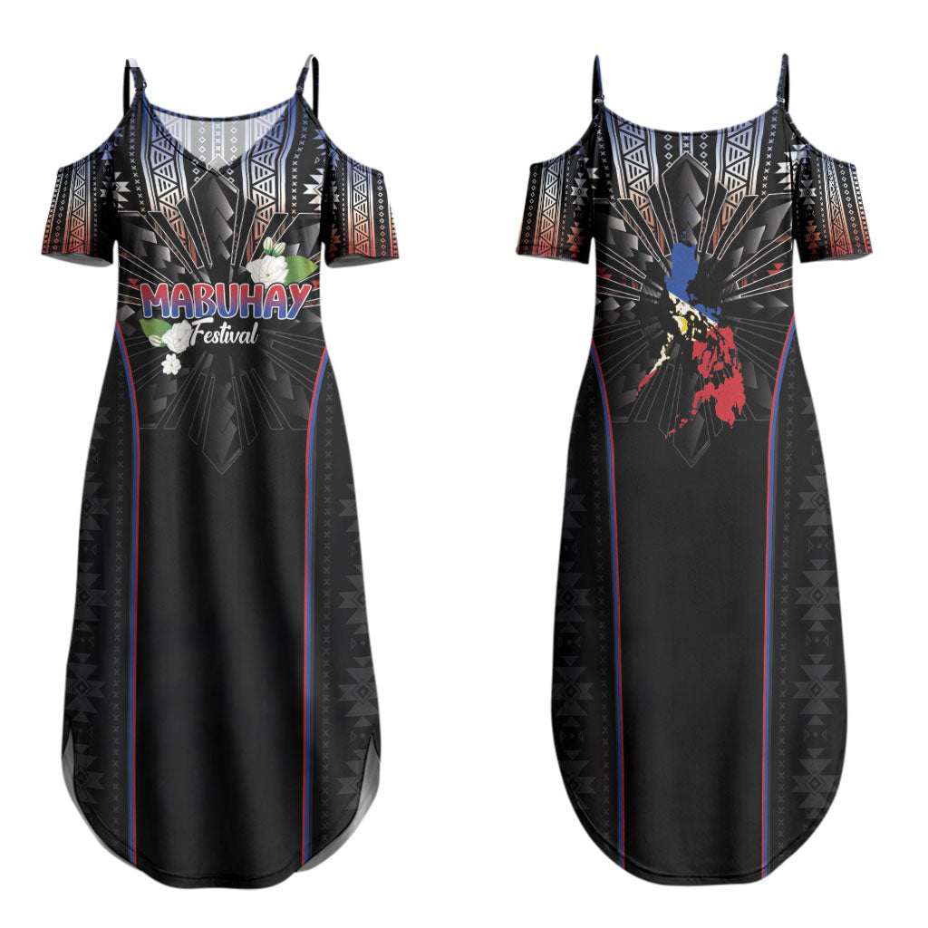 Mabuhay Philippines Festival Family Matching Summer Maxi Dress and Hawaiian Shirt Filipino Map Sampaguita Igorot Pattern LT14 Mom's Dress Black - Polynesian Pride
