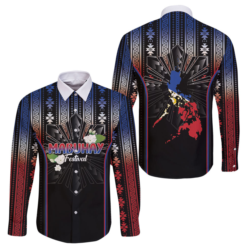 Mabuhay Philippines Festival Family Matching Tank Maxi Dress and Hawaiian Shirt Filipino Map Sampaguita Igorot Pattern LT14 Dad's Shirt - Long Sleeve Black - Polynesian Pride