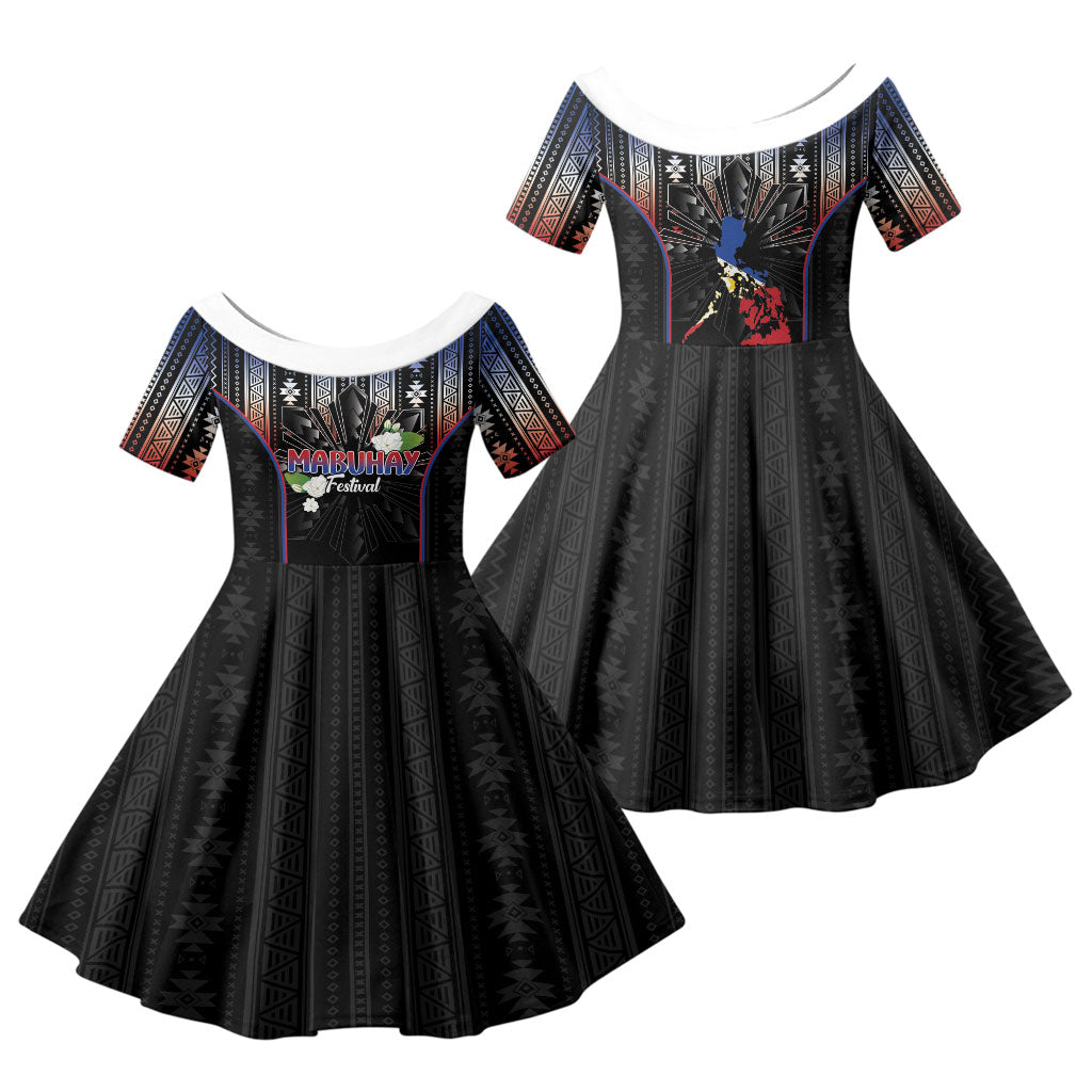 Mabuhay Philippines Festival Family Matching Tank Maxi Dress and Hawaiian Shirt Filipino Map Sampaguita Igorot Pattern LT14 Daughter's Dress Black - Polynesian Pride