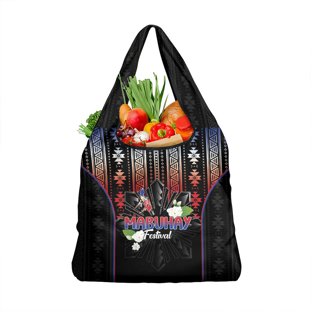 Mabuhay Philippines Festival Grocery Bag Filipino Map Sampaguita Igorot Pattern LT14 1-pack One Size Black - Polynesian Pride