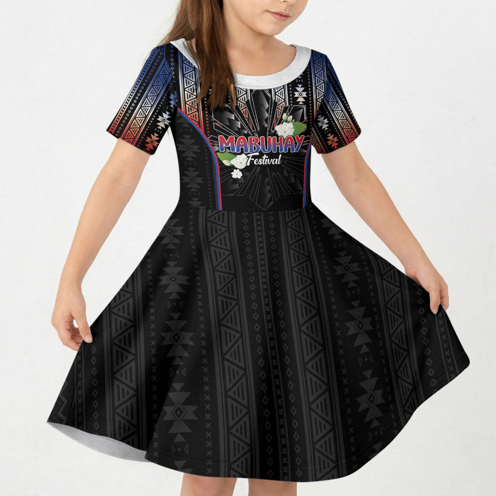 Mabuhay Philippines Festival Kid Short Sleeve Dress Filipino Map Sampaguita Igorot Pattern LT14 KID Black - Polynesian Pride