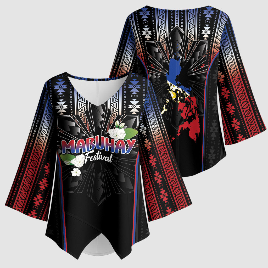 Mabuhay Philippines Festival Kimono Sleeve Blouse Filipino Map Sampaguita Igorot Pattern LT14 - Polynesian Pride