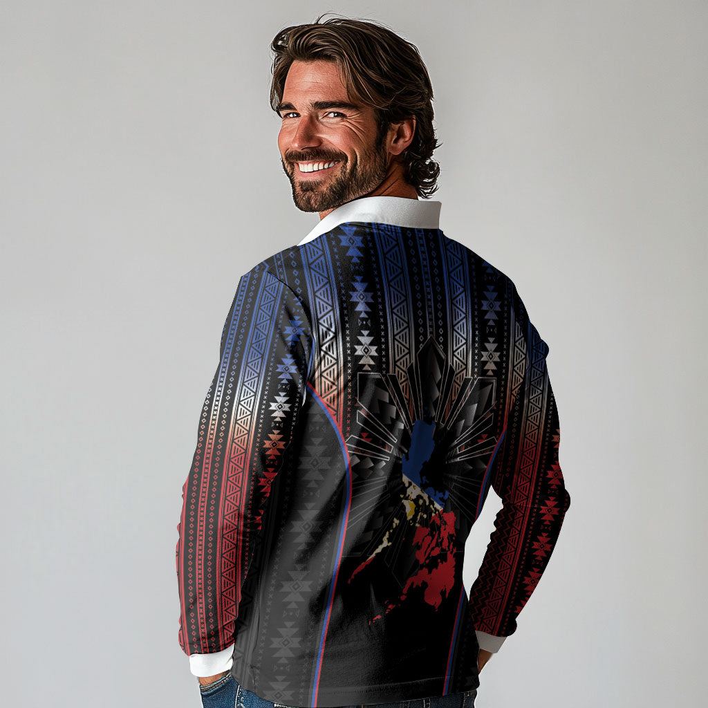 Mabuhay Philippines Festival Long Sleeve Polo Shirt Filipino Map Sampaguita Igorot Pattern LT14 - Polynesian Pride