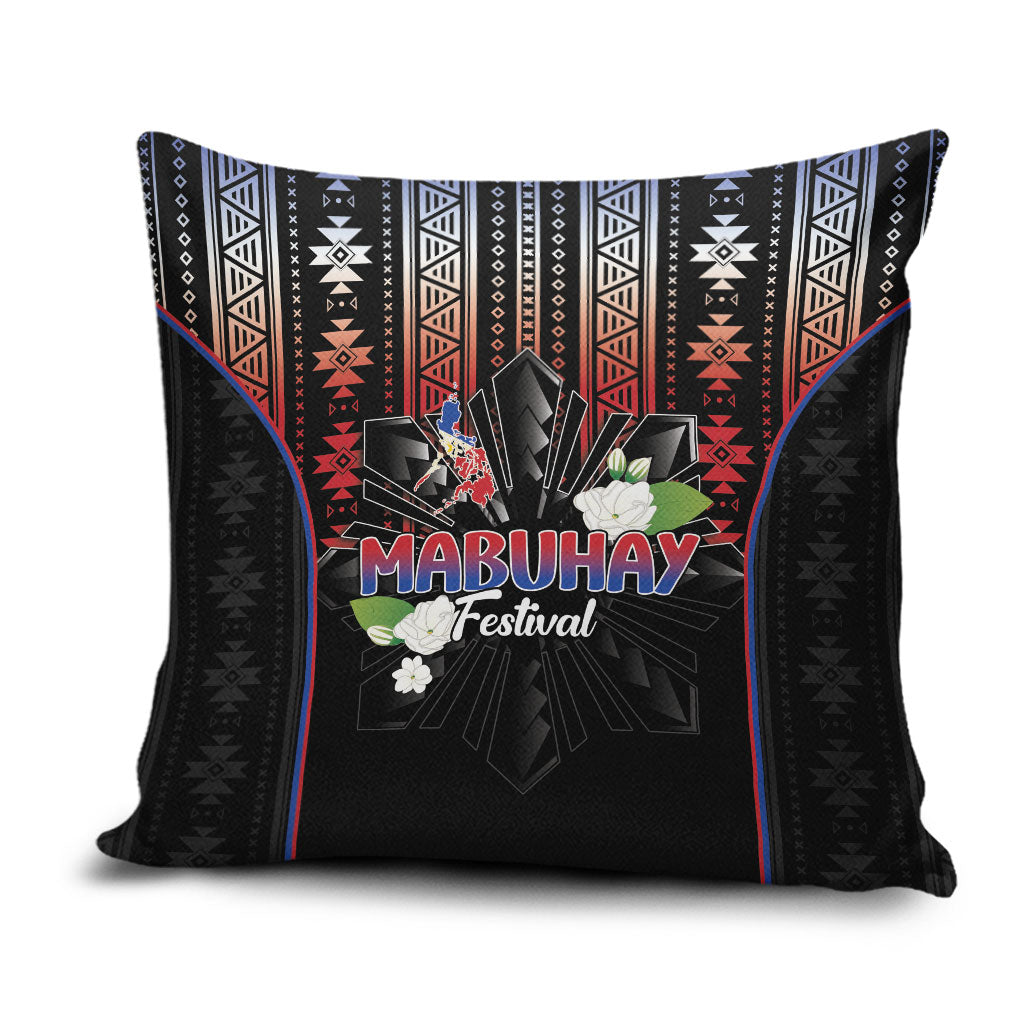 Mabuhay Philippines Festival Pillow Cover Filipino Map Sampaguita Igorot Pattern LT14 Black - Polynesian Pride