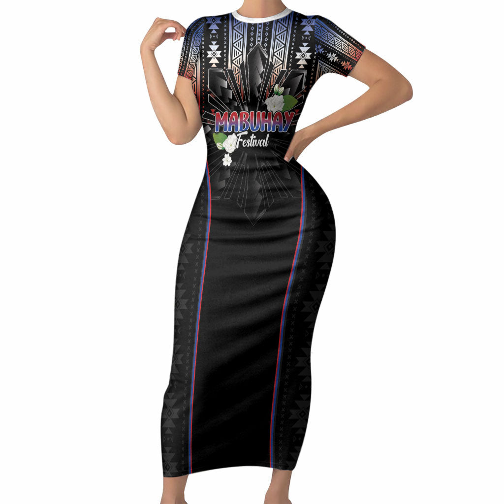 Mabuhay Philippines Festival Short Sleeve Bodycon Dress Filipino Map Sampaguita Igorot Pattern LT14 Long Dress Black - Polynesian Pride