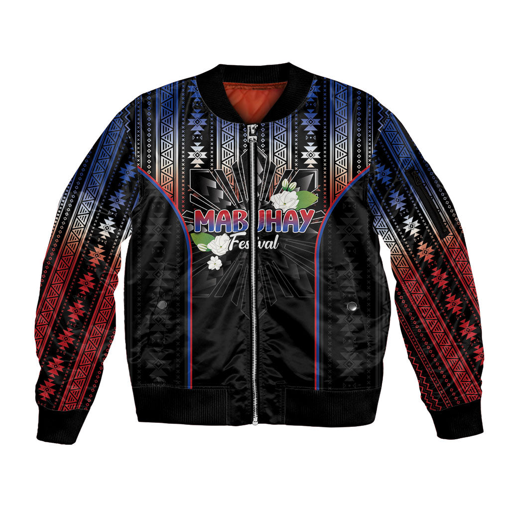 Mabuhay Philippines Festival Sleeve Zip Bomber Jacket Filipino Map Sampaguita Igorot Pattern LT14 Unisex Black - Polynesian Pride