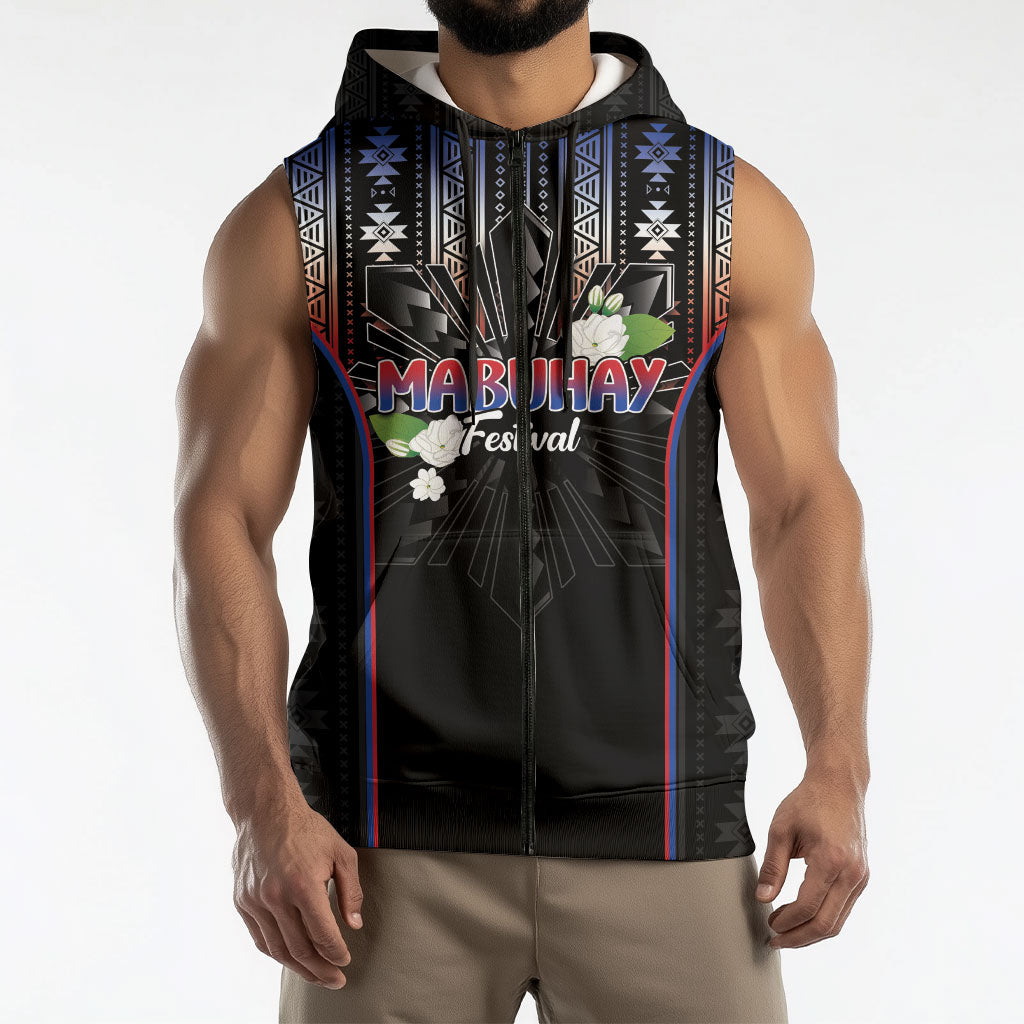 Mabuhay Philippines Festival Sleeveless Zip Hoodie Filipino Map Sampaguita Igorot Pattern LT14 - Polynesian Pride