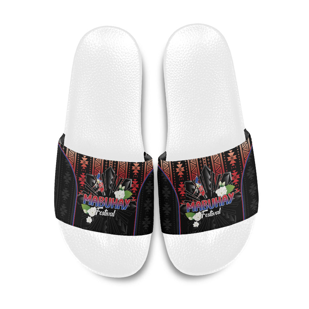 Mabuhay Philippines Festival Slide Sandals Filipino Map Sampaguita Igorot Pattern LT14 Black - Polynesian Pride