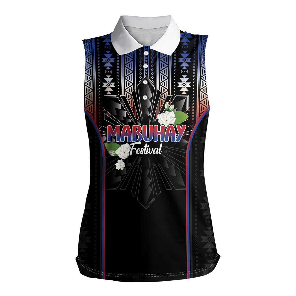 Mabuhay Philippines Festival Women Sleeveless Polo Shirt Filipino Map Sampaguita Igorot Pattern LT14 Female Black - Polynesian Pride