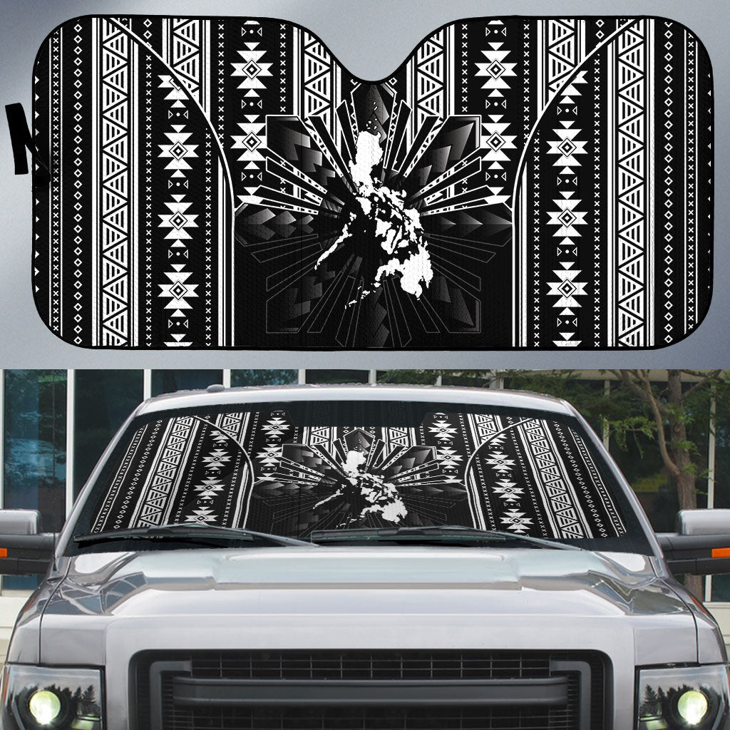 Mabuhay Philippines Festival Auto Sun Shade Filipino Map Black White Igorot Pattern LT14 Black - Polynesian Pride