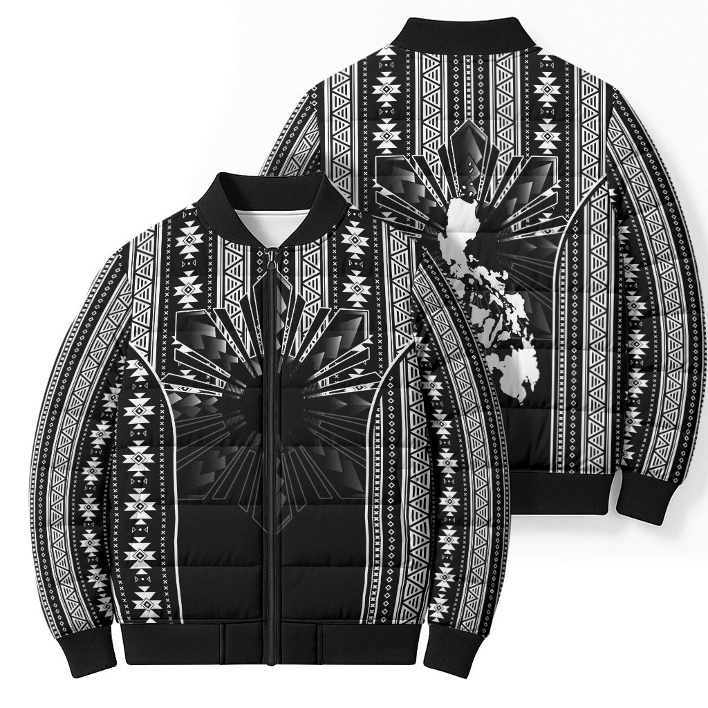 Mabuhay Philippines Festival Bomber Puffer Jacket Filipino Map Black White Igorot Pattern LT14 - Polynesian Pride