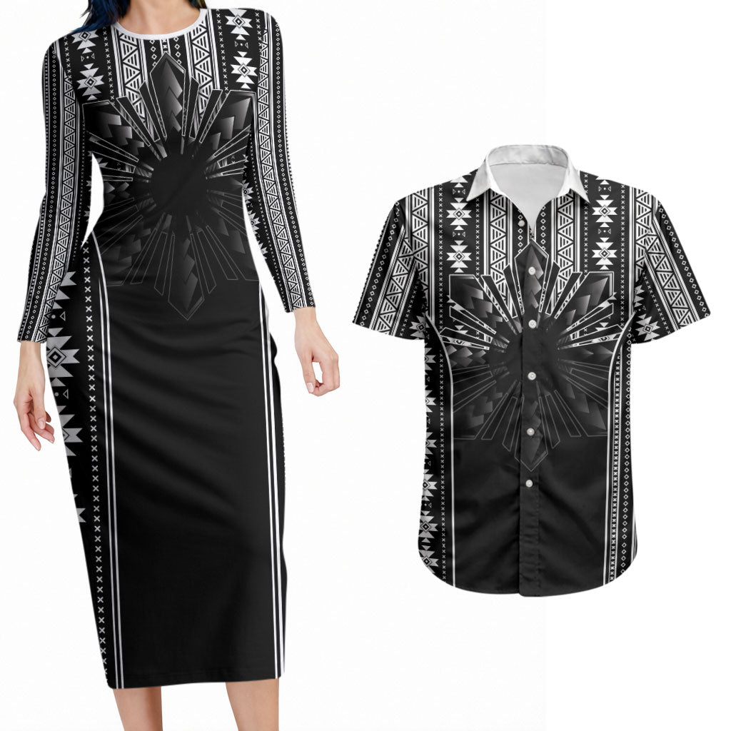 Mabuhay Philippines Festival Couples Matching Long Sleeve Bodycon Dress and Hawaiian Shirt Filipino Map Black White Igorot Pattern LT14 Black - Polynesian Pride