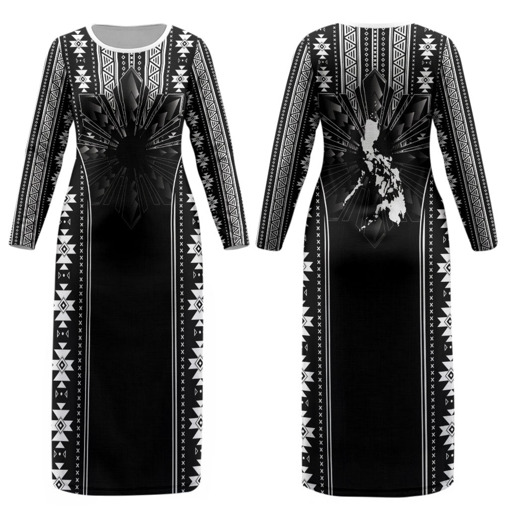 Mabuhay Philippines Festival Couples Matching Long Sleeve Bodycon Dress and Hawaiian Shirt Filipino Map Black White Igorot Pattern LT14 - Polynesian Pride