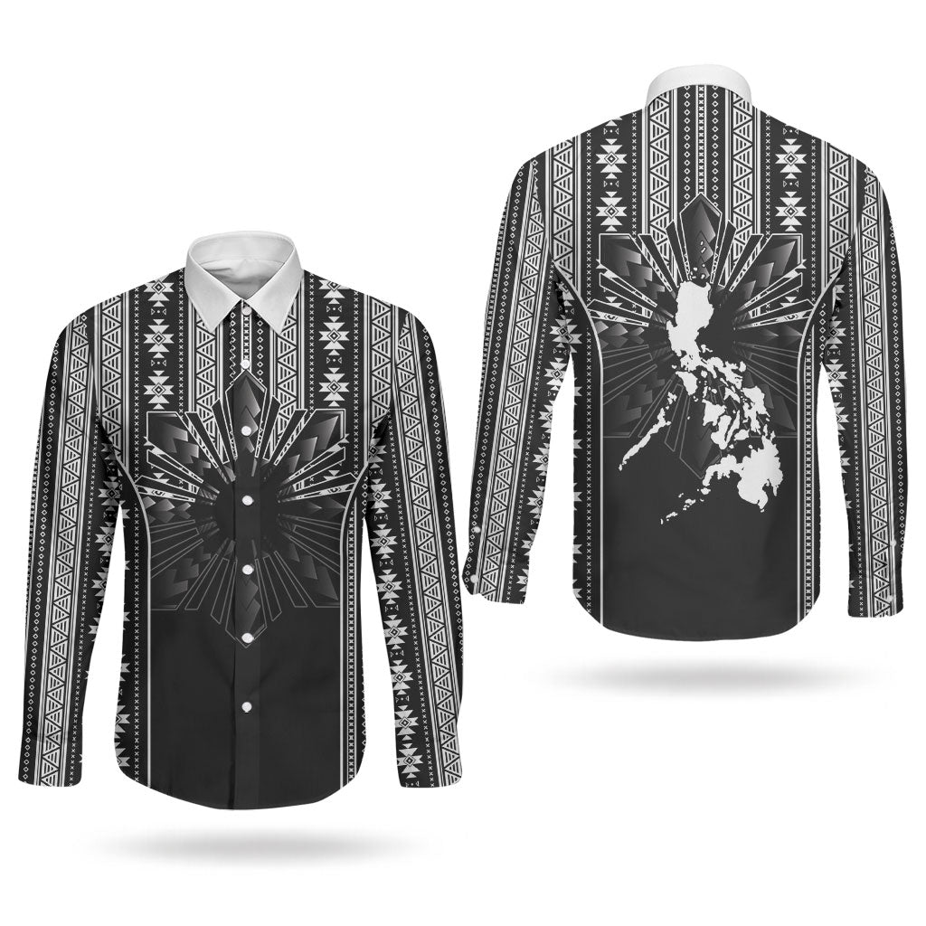 Mabuhay Philippines Festival Couples Matching Off Shoulder Maxi Dress and Long Sleeve Button Shirt Filipino Map Black White Igorot Pattern LT14 - Polynesian Pride