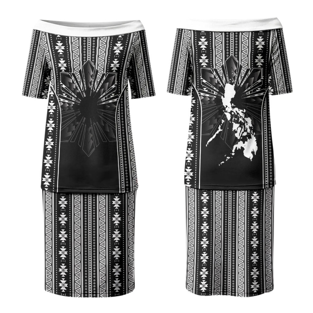 Mabuhay Philippines Festival Couples Matching Puletasi and Long Sleeve Button Shirt Filipino Map Black White Igorot Pattern LT14 - Polynesian Pride