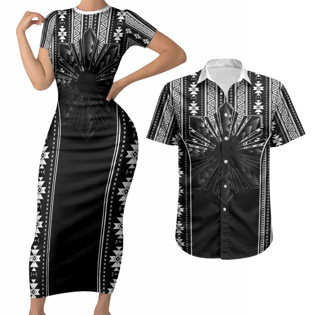 Mabuhay Philippines Festival Couples Matching Short Sleeve Bodycon Dress and Hawaiian Shirt Filipino Map Black White Igorot Pattern LT14 Black - Polynesian Pride