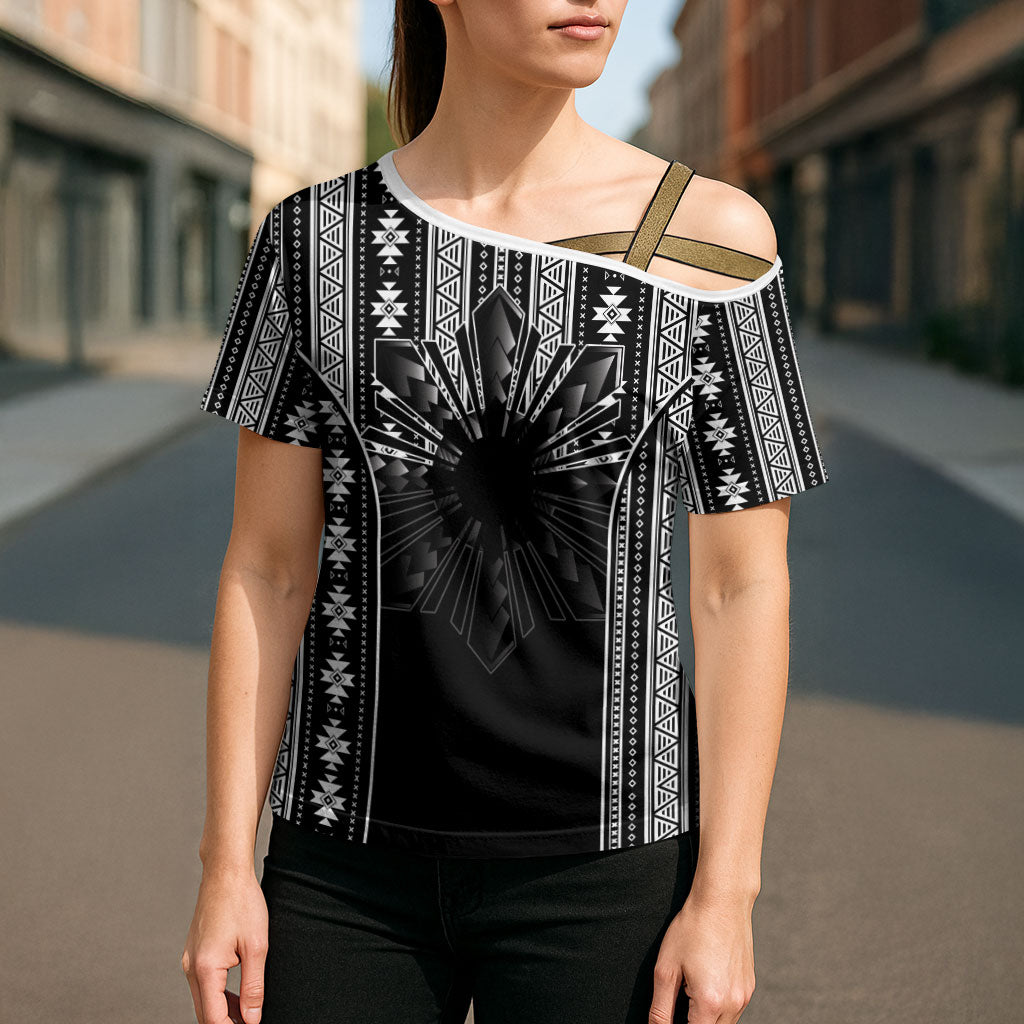Mabuhay Philippines Festival Cross Shoulder Shirt Filipino Map Black White Igorot Pattern LT14 - Polynesian Pride