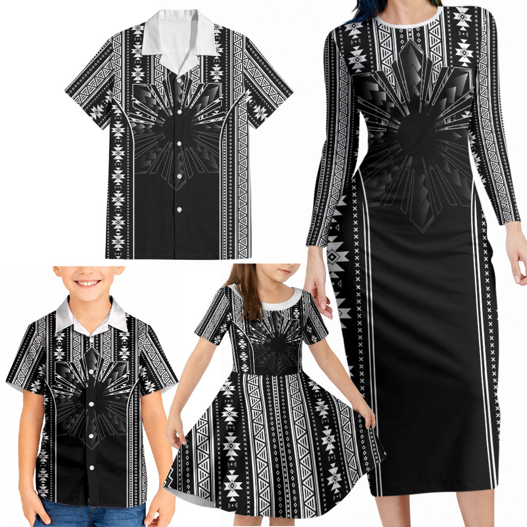 Mabuhay Philippines Festival Family Matching Long Sleeve Bodycon Dress and Hawaiian Shirt Filipino Map Black White Igorot Pattern LT14 - Polynesian Pride