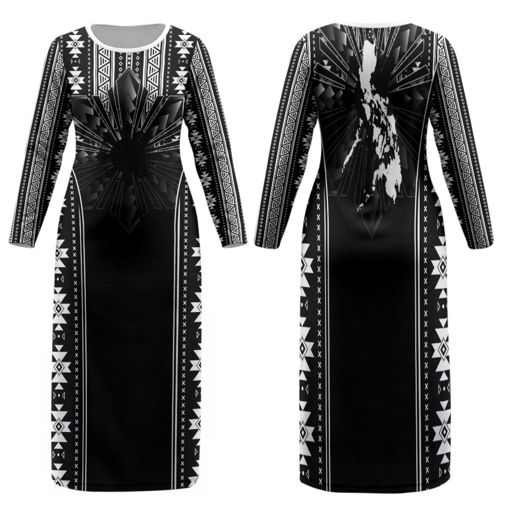 Mabuhay Philippines Festival Family Matching Long Sleeve Bodycon Dress and Hawaiian Shirt Filipino Map Black White Igorot Pattern LT14 Mom's Dress Black - Polynesian Pride