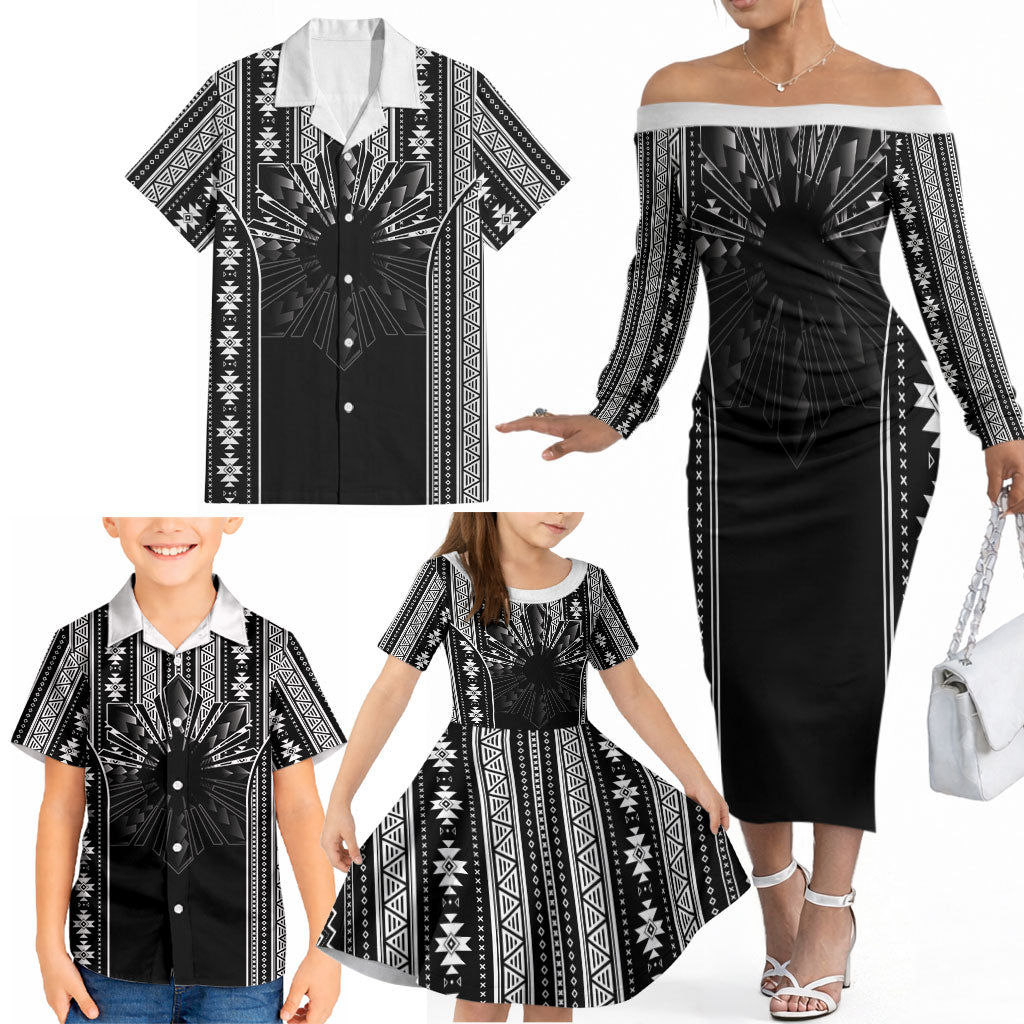 Mabuhay Philippines Festival Family Matching Off The Shoulder Long Sleeve Dress and Hawaiian Shirt Filipino Map Black White Igorot Pattern
