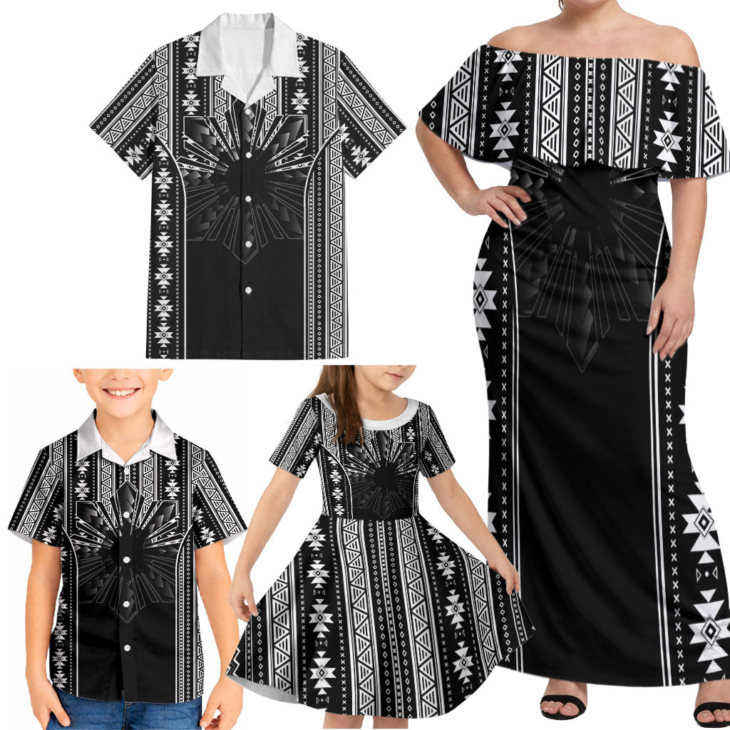 Mabuhay Philippines Festival Family Matching Off Shoulder Maxi Dress and Hawaiian Shirt Filipino Map Black White Igorot Pattern