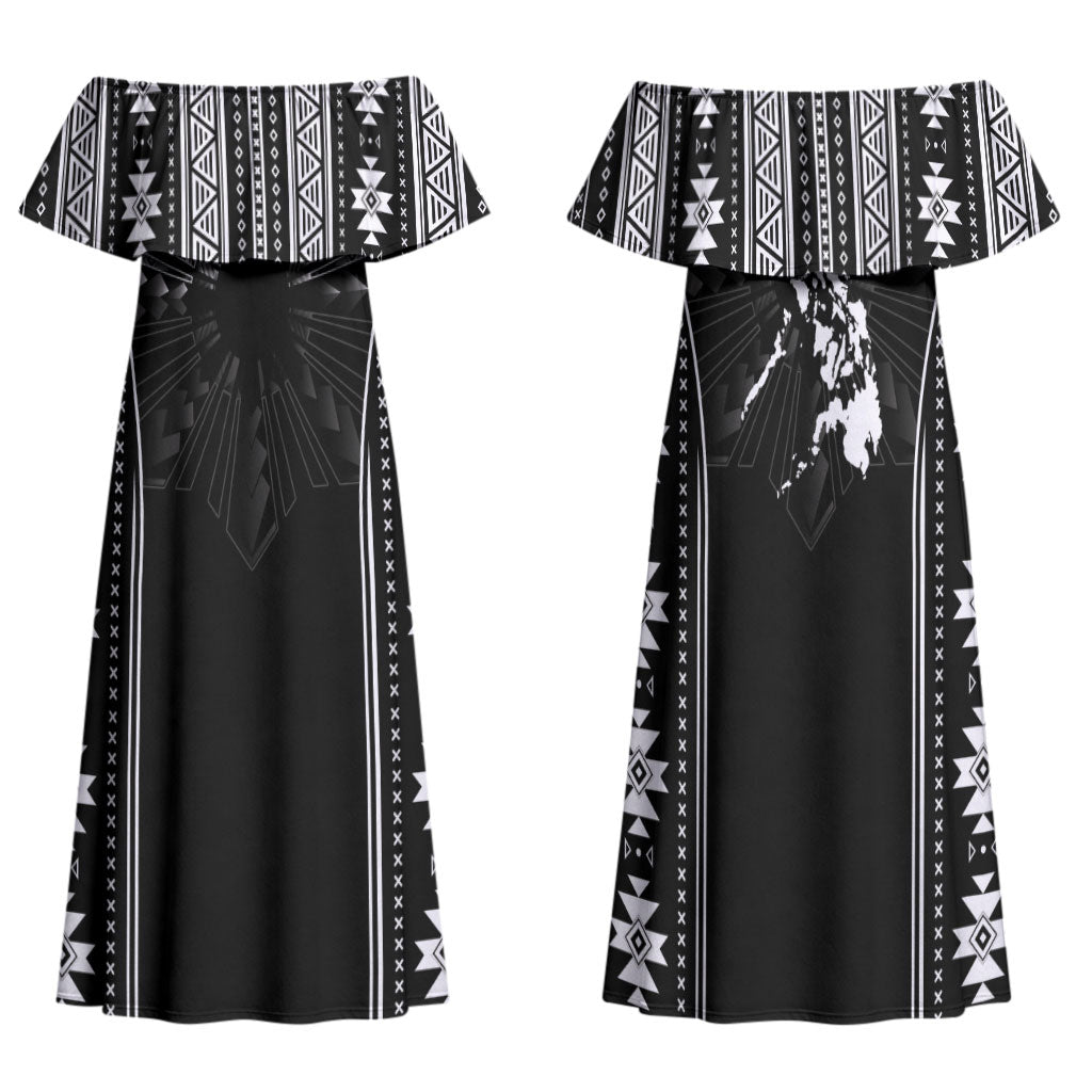 Mabuhay Philippines Festival Family Matching Off Shoulder Maxi Dress and Hawaiian Shirt Filipino Map Black White Igorot Pattern LT14 Mom's Dress Black - Polynesian Pride