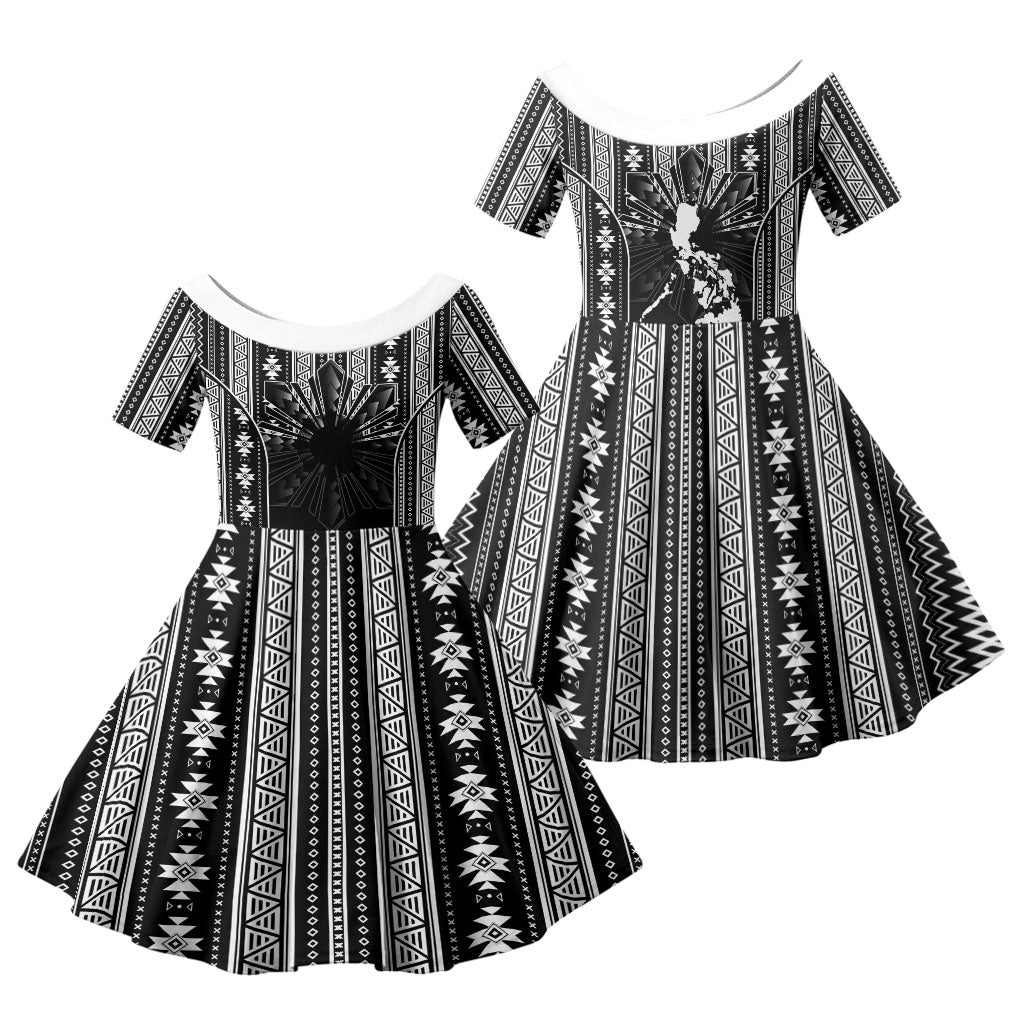 Mabuhay Philippines Festival Family Matching Off Shoulder Maxi Dress and Hawaiian Shirt Filipino Map Black White Igorot Pattern LT14 Daughter's Dress Black - Polynesian Pride